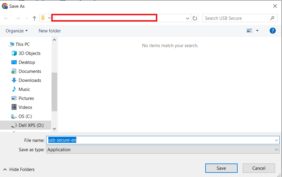 A Windows "Save As" dialog box, with "usb-secure-en.exe" as the file name, highlighting the process of saving the USB Secure installer after download.