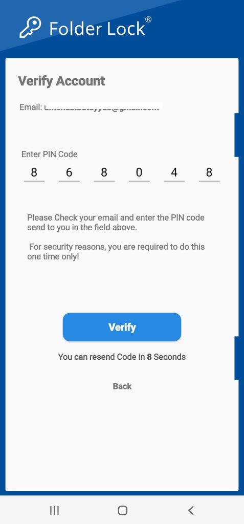 A screenshot from the Folder Lock mobile app's "Verify Account" screen, showing a pre-filled PIN code and a timer counting down before the code can be resent.