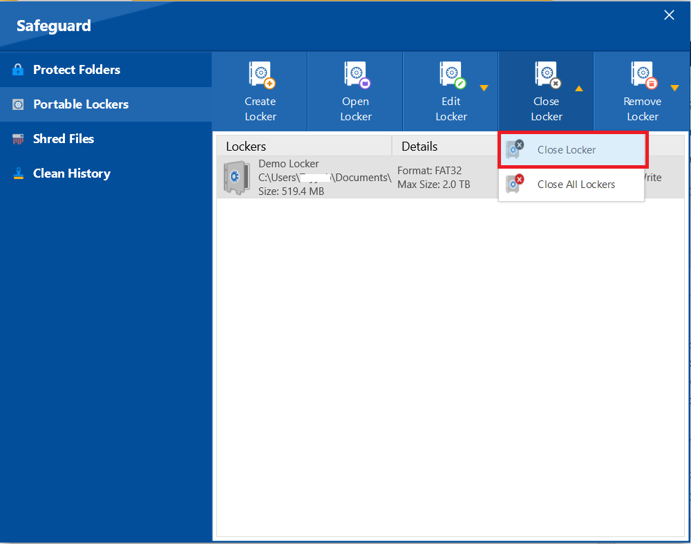 A screenshot of the Folder Lock "Close Locker" menu, with a red box highlighting the "Close Locker" option to close a single locker.