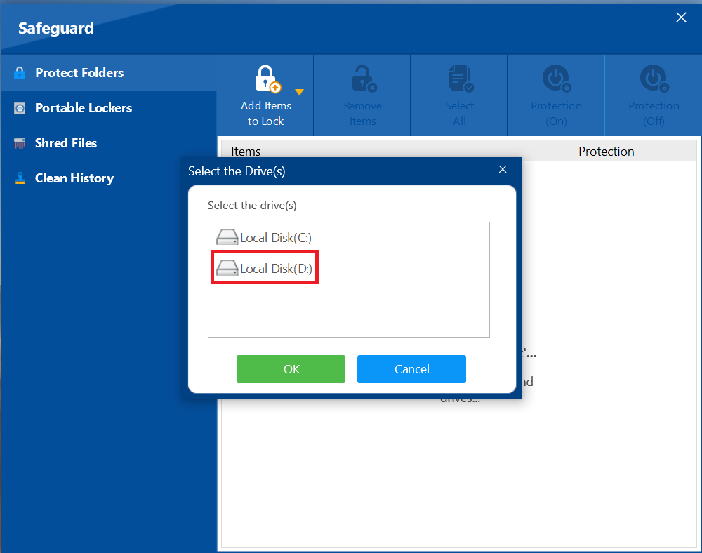 A pop-up dialog in Folder Lock titled "Select the drive(s)," with a red box highlighting the "Local Disk (D:)" option, ready to be selected for protection.