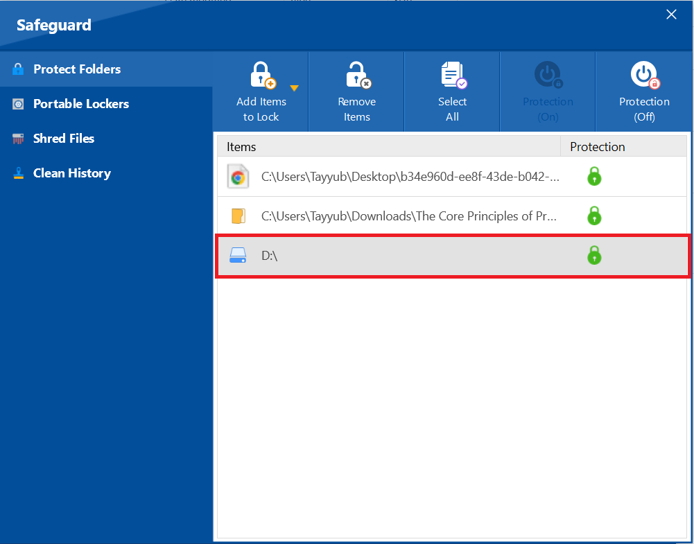 Select Drive to unprotect Folder Lock