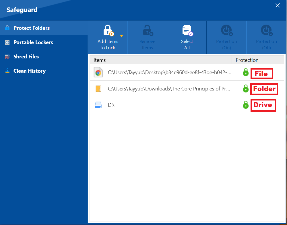 Select File Folder or Drive to unprotect Folder Lock