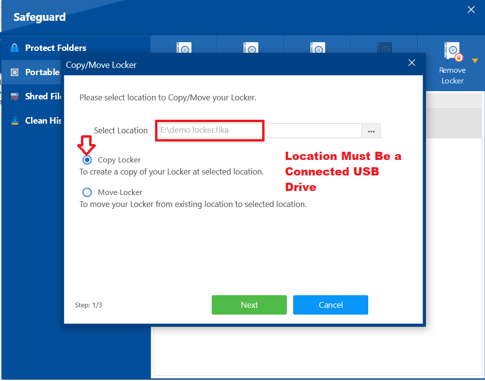 A screenshot of the "Copy/Move Locker" dialog, with the destination location selected, the "Copy Locker" radio button checked, and the "Next" button highlighted.