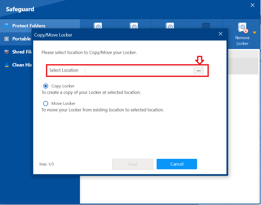 A screenshot of the "Copy/Move Locker" dialog in Folder Lock, with a red box highlighting the "Select Location" field and the browse button.