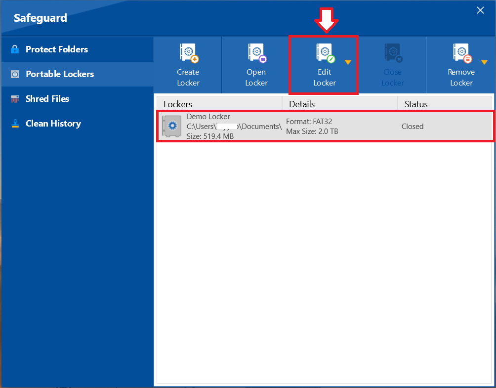 A screenshot of the Folder Lock "Portable Lockers" interface, with a red box highlighting the "Edit Locker" button.