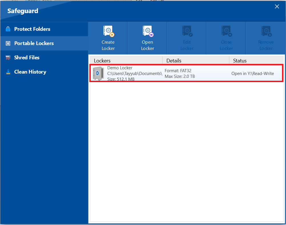 A screenshot of the Folder Lock "Portable Lockers" interface, with a red box highlighting a portable locker named "Demo Locker," indicating it has been selected.