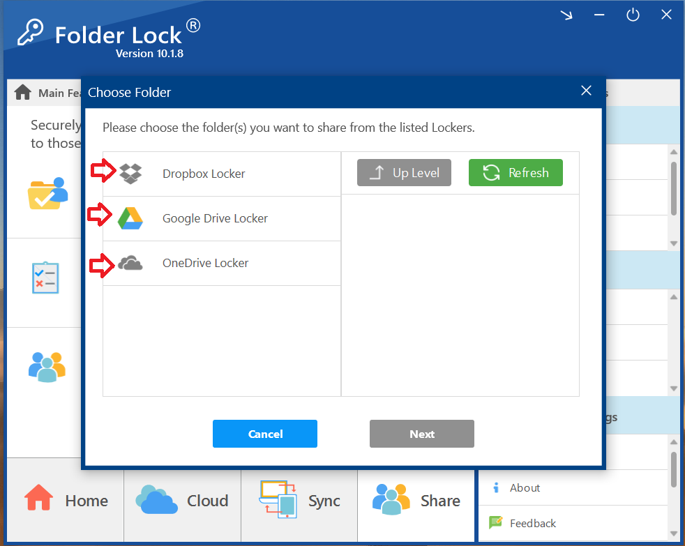 A screenshot of the "Choose Folder" dialog in Folder Lock, with red arrows pointing to all three cloud lockers (Dropbox, Google Drive, and OneDrive), allowing the user to select one for sharing.