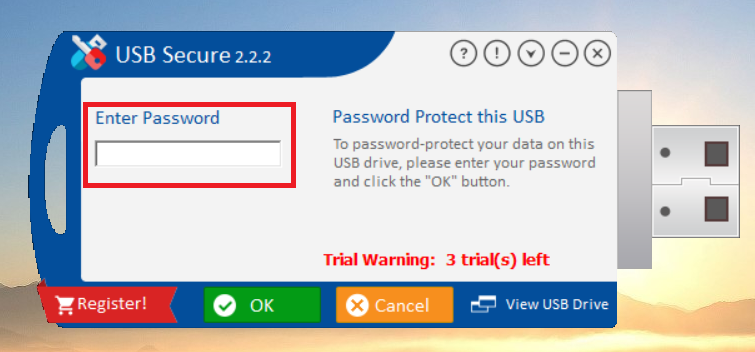 A USB Secure dialog box asking to "Enter Password" to protect the USB drive, with a red box highlighting the empty password input field
