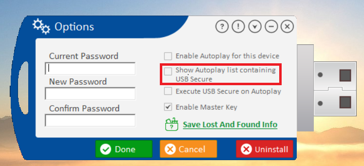 Show Autoplay lidt containing USB Secure