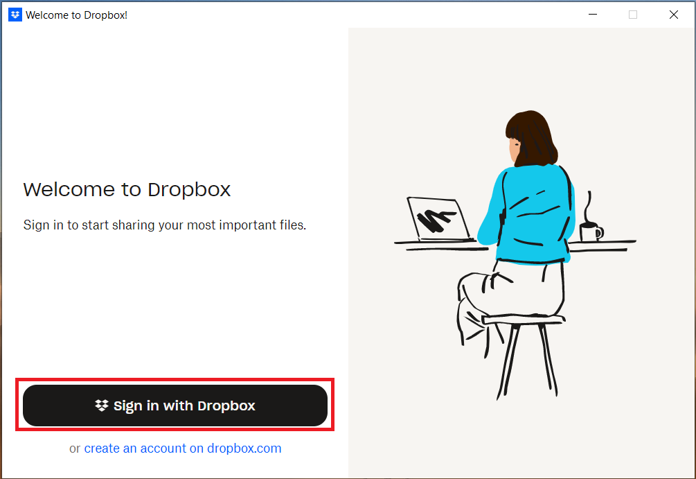 A screenshot of the Dropbox login screen, with a red box highlighting the "sign in with Dropbox" button.