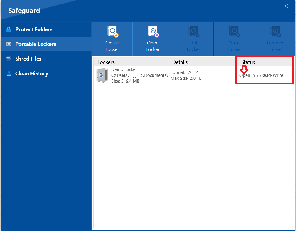A screenshot of portable locker displaying Status of portable Locker- Opened