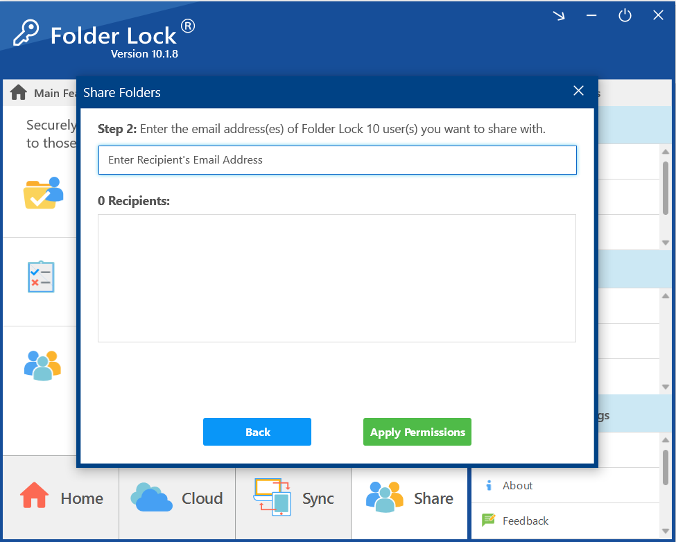 A screenshot of the Folder Lock "Share Folders" dialog, showing an empty field to enter a recipient's email address.