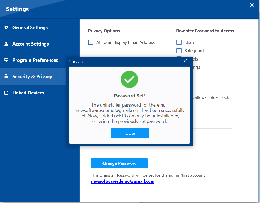 Sucessfully set uninstaller password Security Privacy Folder Lock 10