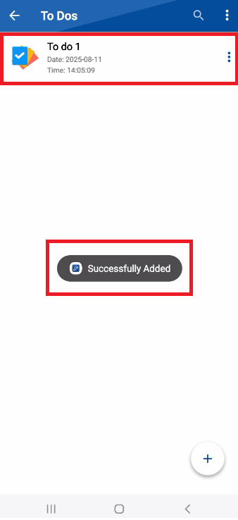 A screenshot of a saved to-do list in the Folder Lock app. A red box highlights a confirmation message that reads, "Successfully Added," indicating the new list has been created.