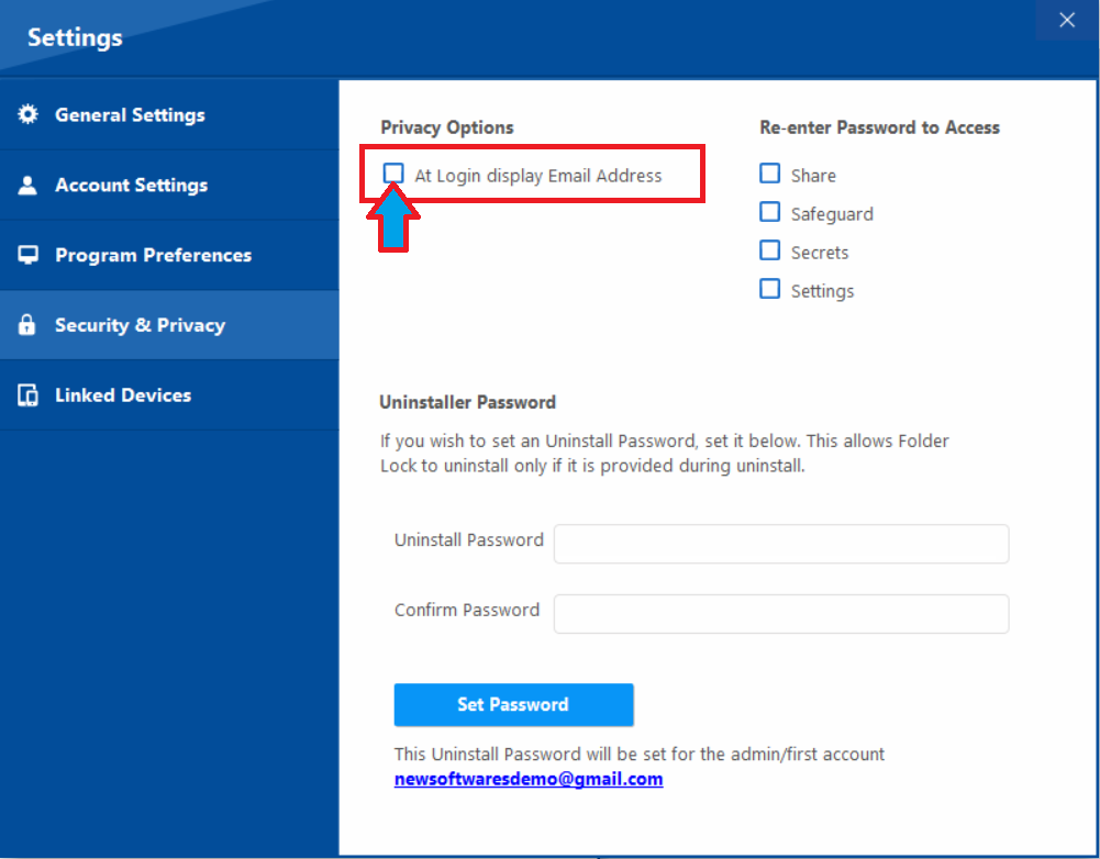 A screenshot of Folder Lock's "Security & Privacy" settings, with a red box and arrow pointing to the "At Login display Email Address" checkbox, indicating it is about to be unchecked.