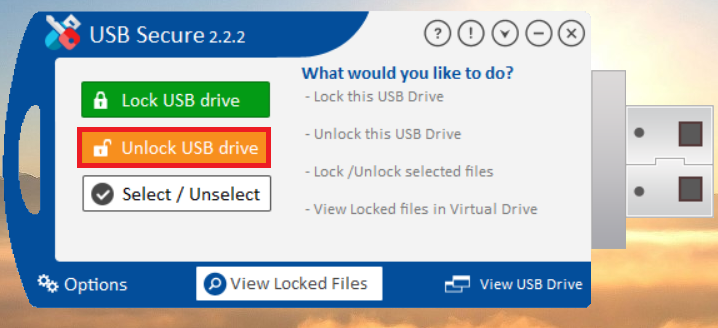USB Secure main interface with a red box highlighting the orange "Unlock USB drive" button, used to decrypt and access the entire USB drive by entering the password.