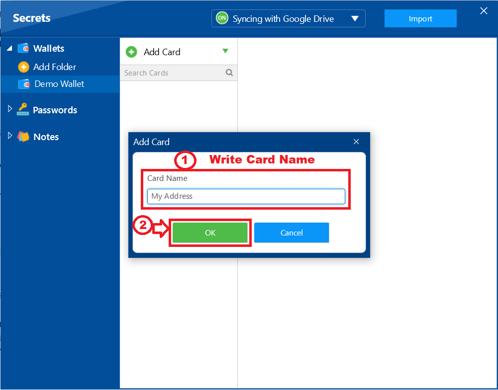 A pop-up dialog box in Folder Lock asking for the card name, with a red arrow pointing to the "OK" button.