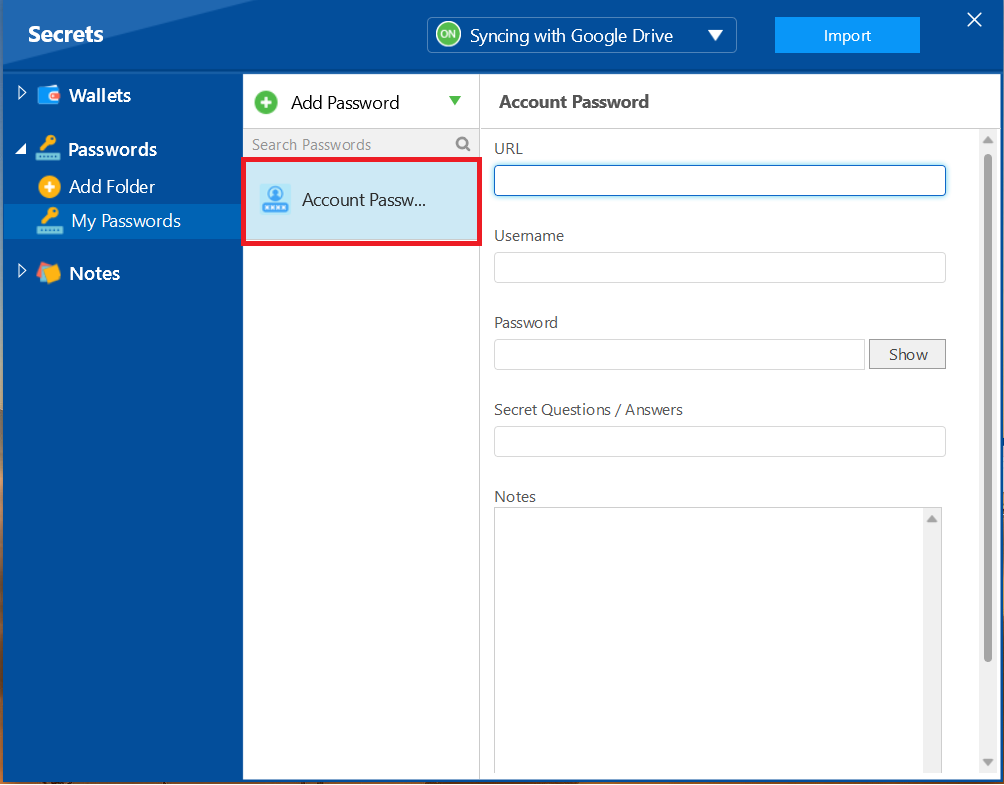 A screenshot from the Folder Lock password manager, showing a newly created "Account Password" entry and its form, with fields for URL and username.