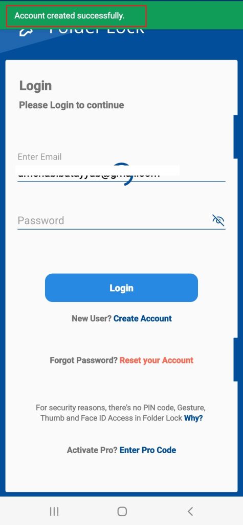 A screenshot of the "Login" screen for the Folder Lock mobile app, displaying a success message at the top and pre-filled email address, prompting the user to enter their password to continue.