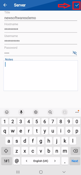 A screenshot from the Folder Lock app's password manager, showing a filled-out form for a "Server" password. A red box and arrow highlight a checkmark icon in the top right corner, which is the "Save" button to securely save the password details.