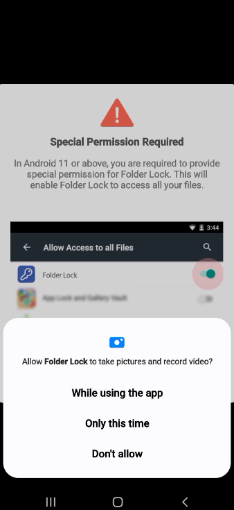 A screenshot from an Android phone showing a pop-up asking the user to grant permissions, including allowing Folder Lock to take pictures and record video.