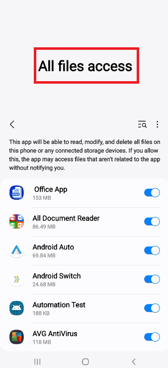  A screenshot of the Android system settings for app permissions, with a red box highlighting the "All files access" option, which is required for Folder Lock to encrypt and hide files.
