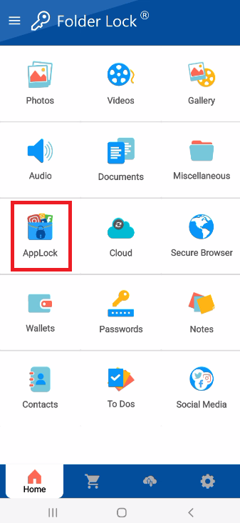 A screenshot of the main features menu in the Folder Lock mobile app, with a red box highlighting the "AppLock" icon, which is the entry point for locking apps.
