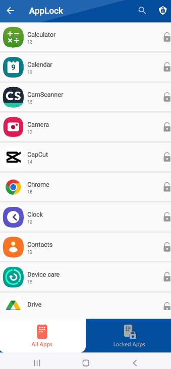 A screenshot of the "AppLock" screen in Folder Lock, showing a list of installed applications. A lock icon next to each app indicates its lock status.