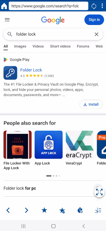 A screenshot from the Folder Lock app's secure browser, showing Google search results for "folder lock," which includes a link to the app on the Play Store, confirming the browser's functionality.
