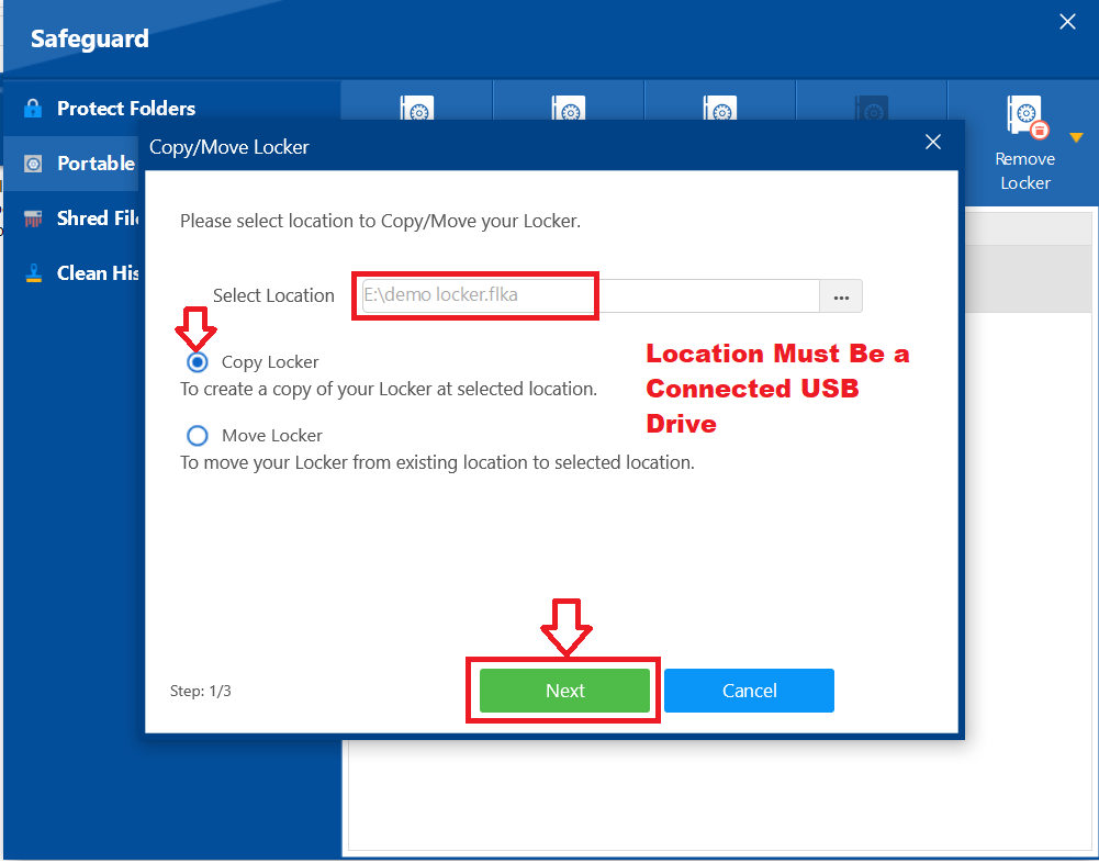 A screenshot of the "Copy/Move Locker" dialog in Folder Lock, with the green "Next" button highlighted, ready to begin the copying process.