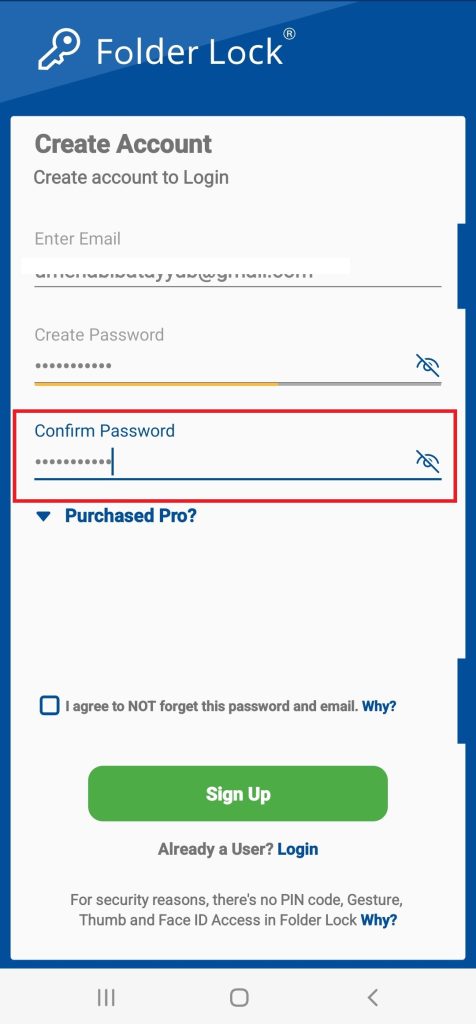 A screenshot of the "Create Account" screen for the Folder Lock mobile app, showing input fields for Email, Create Password, and Confirm Password.