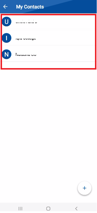 A screenshot of the "My Contacts" list in the Folder Lock mobile app, showing three contacts that have been successfully imported and are now securely stored.