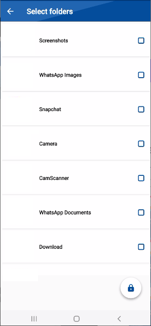  A screenshot from the Folder Lock mobile app's "Select folders" screen, showing a list of folders from the device's gallery, including "Screenshots," "WhatsApp Images," "Snapchat," and "Camera," with checkboxes to select photos to import.
