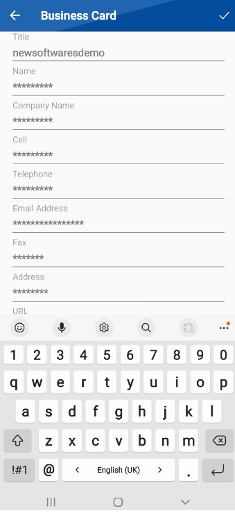 A screenshot of the "Business Card" form in the Folder Lock app. The fields for Name, Company Name, and Email Address are partially filled, with a mobile keyboard visible at the bottom.
