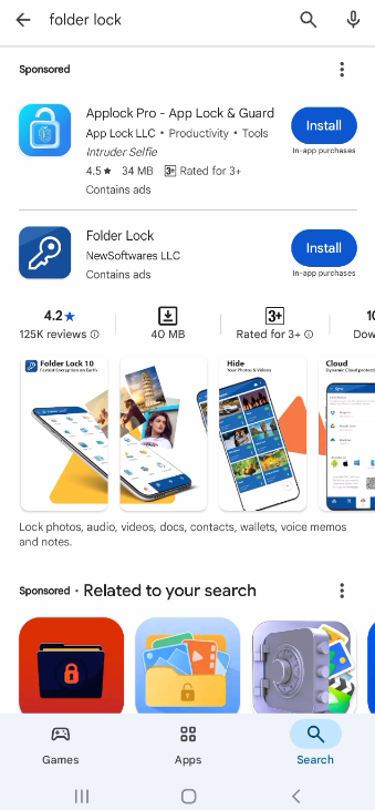 A screenshot of the Google Play Store search results. The official "Folder Lock" app by Newsoftwares LLC is prominently displayed, with its icon and details visible.
