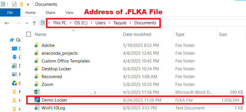 A screenshot of Windows File Explorer, showing the .flka file for a portable locker located within a specific folder.