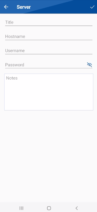 A screenshot from the Folder Lock app's password manager, showing an empty form for the "Server" password type. Fields for Title, Hostname, Username, Password, and Notes are visible, waiting for the user to input information.