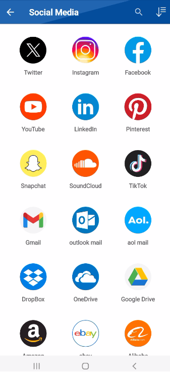 A screenshot from the "Social Media" section of the Folder Lock app, showing a grid of icons for various platforms like Twitter, Instagram, YouTube, LinkedIn, Dropbox, and Google Drive.