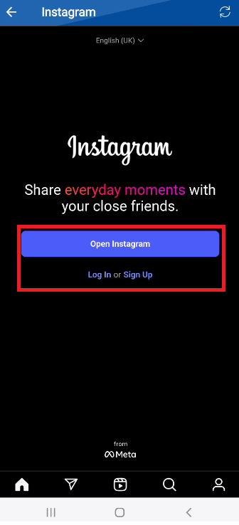 A screenshot of the Instagram login page displayed within the Folder Lock app's secure browser, with a red box highlighting the login and sign-up options.