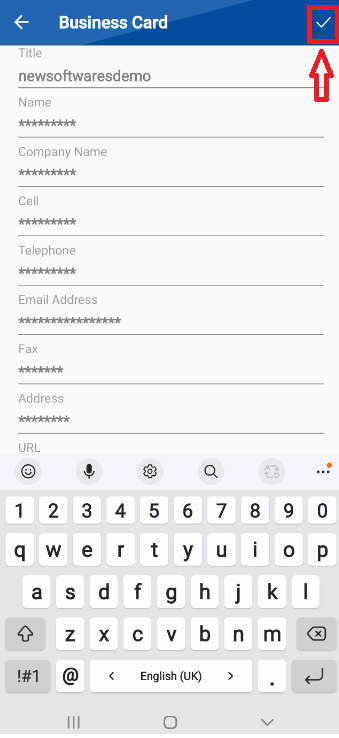 A screenshot of a filled-out "Business Card" form in the Folder Lock app. A red box and arrow highlight the checkmark icon in the top right corner, which is the "Save" button.