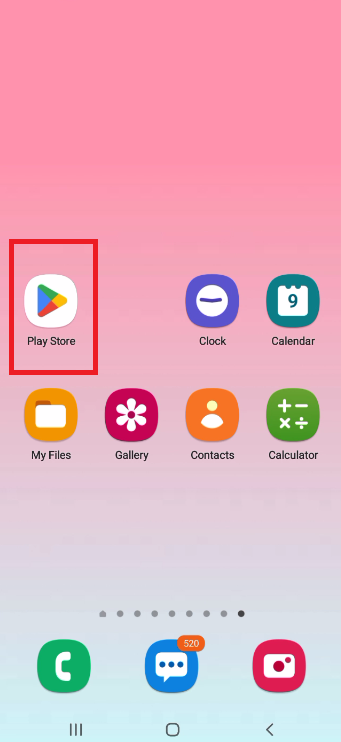  A screenshot of an Android phone's home screen, with a red box highlighting the "Play Store" app icon to be opened.