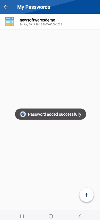 A screenshot of the "My Passwords" screen in the Folder Lock mobile app, showing a new password entry saved. A confirmation pop-up that reads, "Password added successfully," is also highlighted.