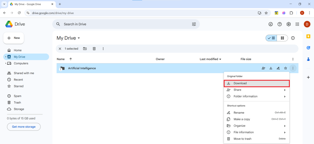 A screenshot from the recipient's Google Drive, with a right-click menu on a shared folder and a red box highlighting the "Download" option to download the file.