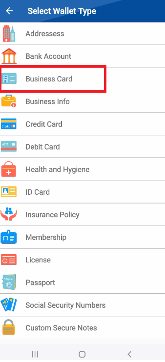 A screenshot of the "Select Wallet Type" menu in the Folder Lock mobile app, with a red box highlighting the "Business Card" option, indicating the user is selecting this wallet type.