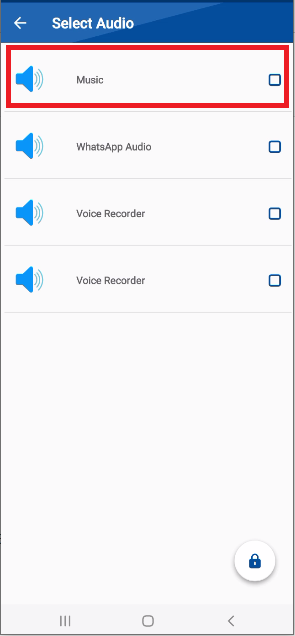 A screenshot from the Folder Lock mobile app's "Select Audio" screen. A red box highlights the "Music" folder, indicating it has been selected from the device's storage for importing into the app.