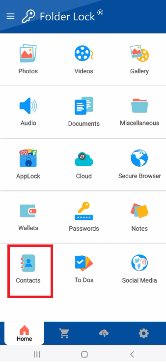 A screenshot of the main features menu in the Folder Lock mobile app, with a red box highlighting the "Contacts" icon, which is the entry point for the secure contacts feature.