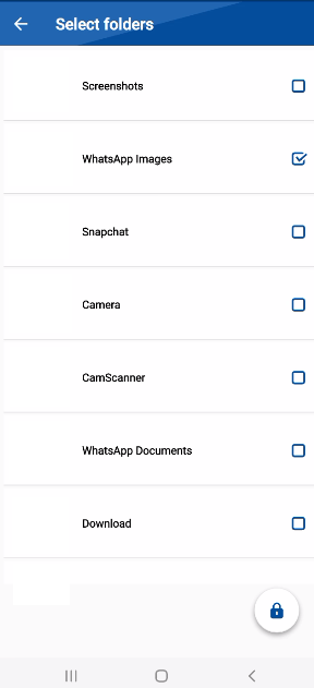 A screenshot from the Folder Lock mobile app's "Select folders" screen, showing a list of folders from the phone's gallery. The checkbox for "WhatsApp Images" is checked, indicating it has been selected for importing.