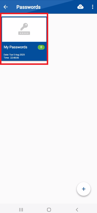 A screenshot of the "Passwords" section in the Folder Lock app. A red box highlights the "My Passwords" folder, which a user can select to store their new passwords.