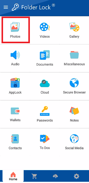 A screenshot of the main features menu in the Folder Lock mobile app, with a red box highlighting the "Photos" icon, which is the entry point for the photo protection feature.
