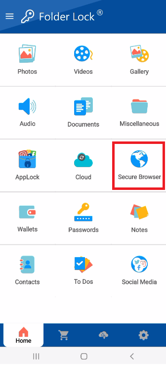 A screenshot of the main features menu in the Folder Lock mobile app, with a red box highlighting the "Secure Browser" icon, which is the entry point for the private Browse feature.